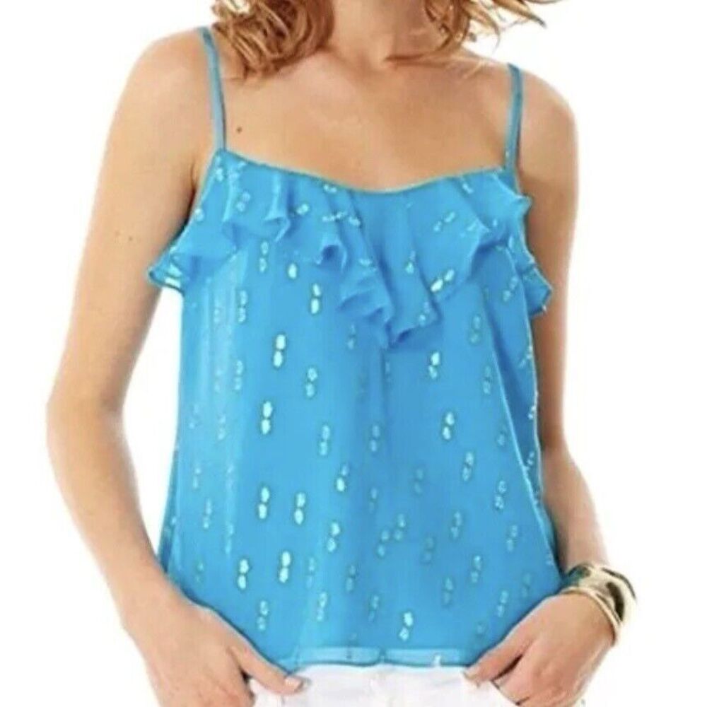 LILLY PULITZER MANILA SILK ARIEL BLUE DOUBLE CLIP DOT METALLIC XS SPARKLE